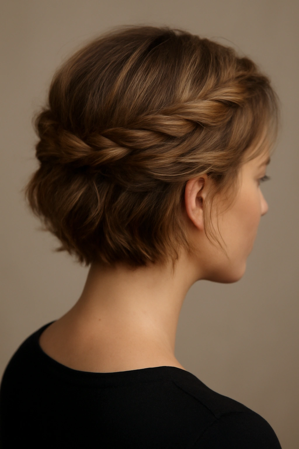 Twisted crown updo on short hair with soft loose pieces.