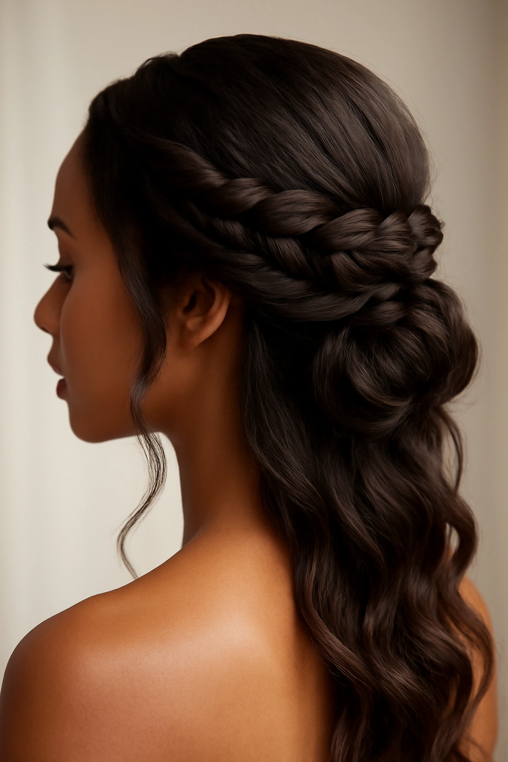 Two thick twists form a crown with loose waves cascading down.