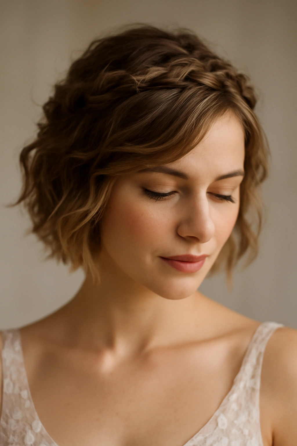 Bride with soft waves and a loose twisted crown across the head