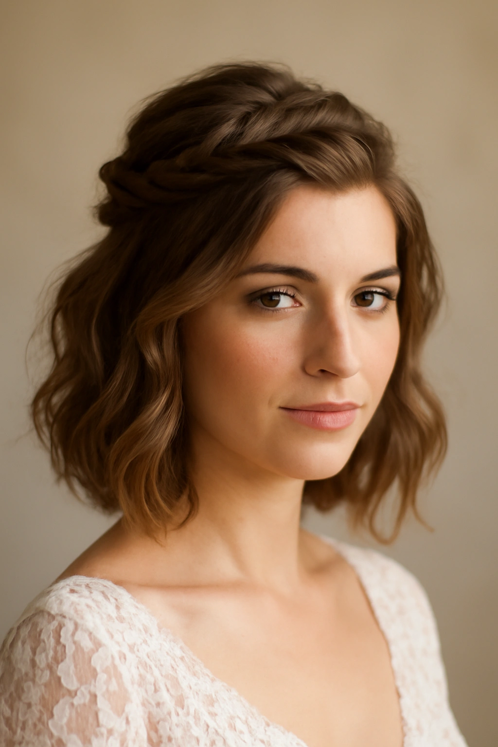 Twisted front crown with loose waves for a bridal half-up style