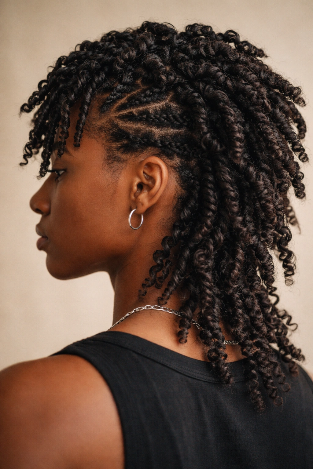 Close-up of a twisted curl mullet showing tight front twists and larger back twists for dramatic texture.