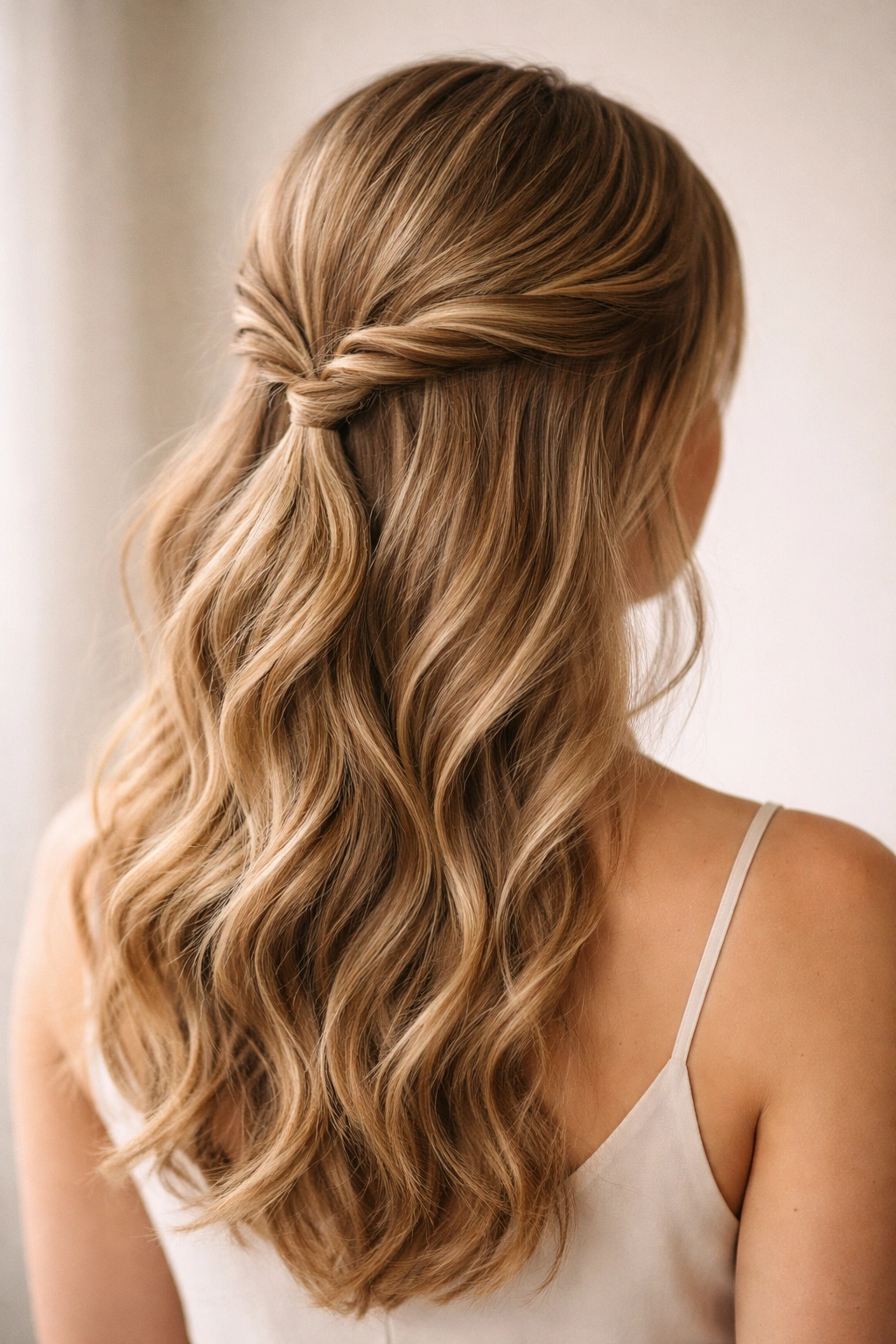 Half-up hairstyle with two twists meeting at the back