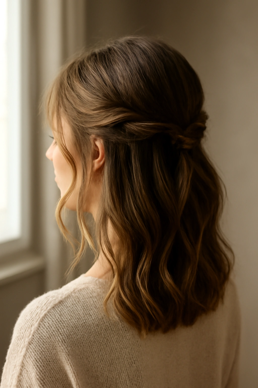 Twisted half-up hairstyle for medium hair