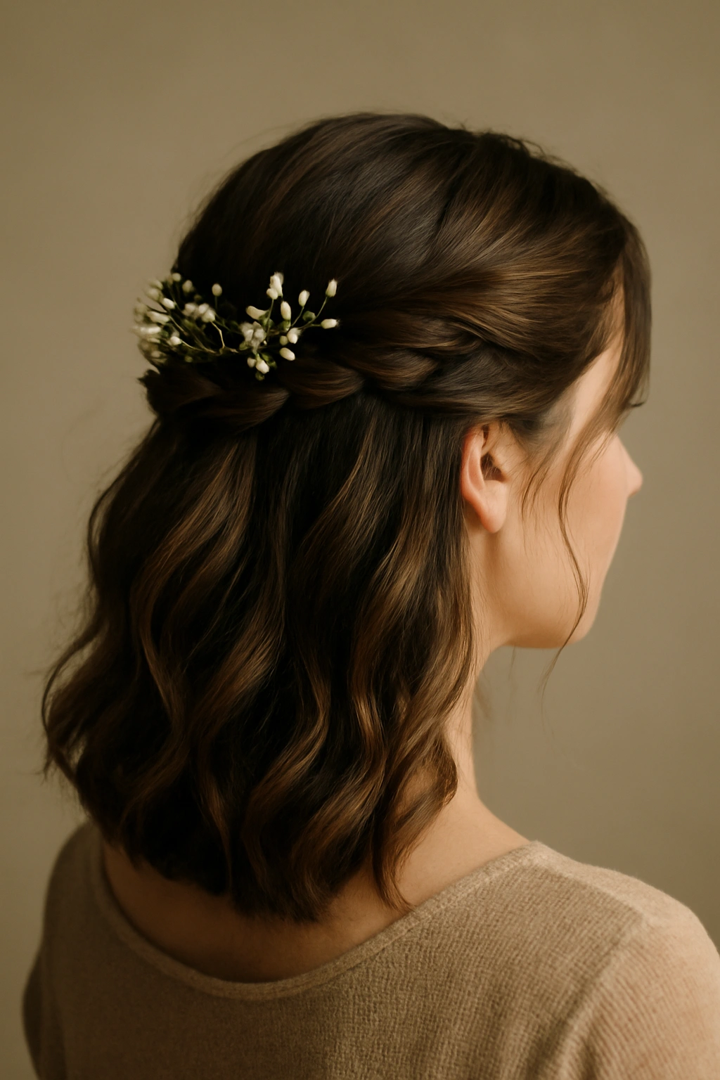 Twisted half-up hairstyle with baby's breath accents