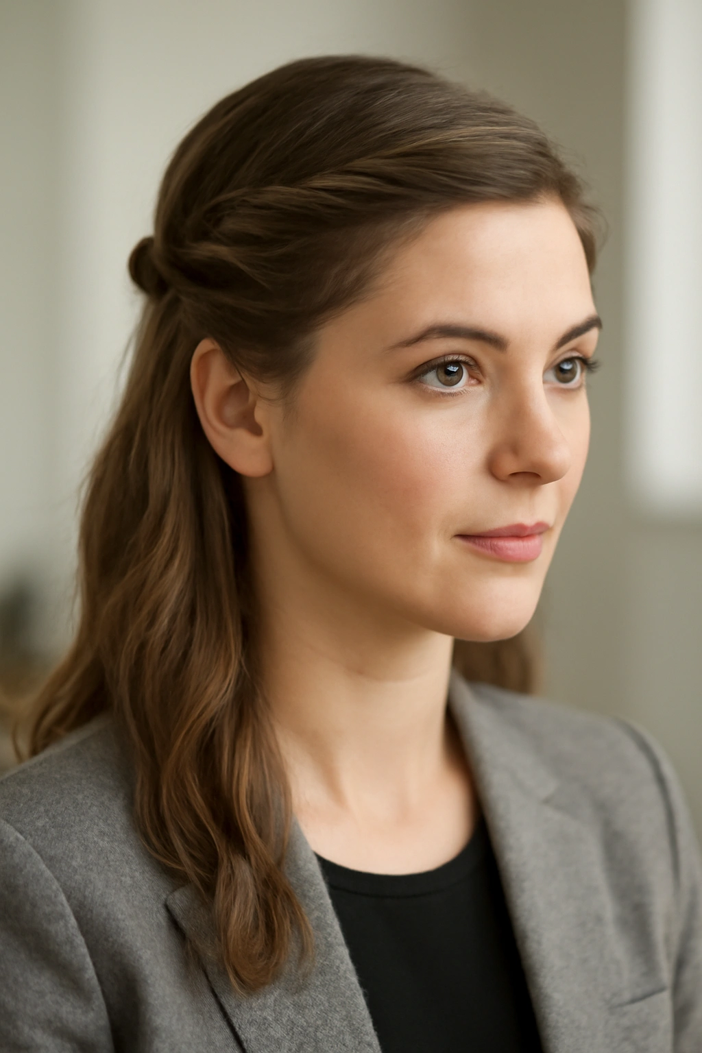 Front twist with a braid accent in a half-up hairstyle.