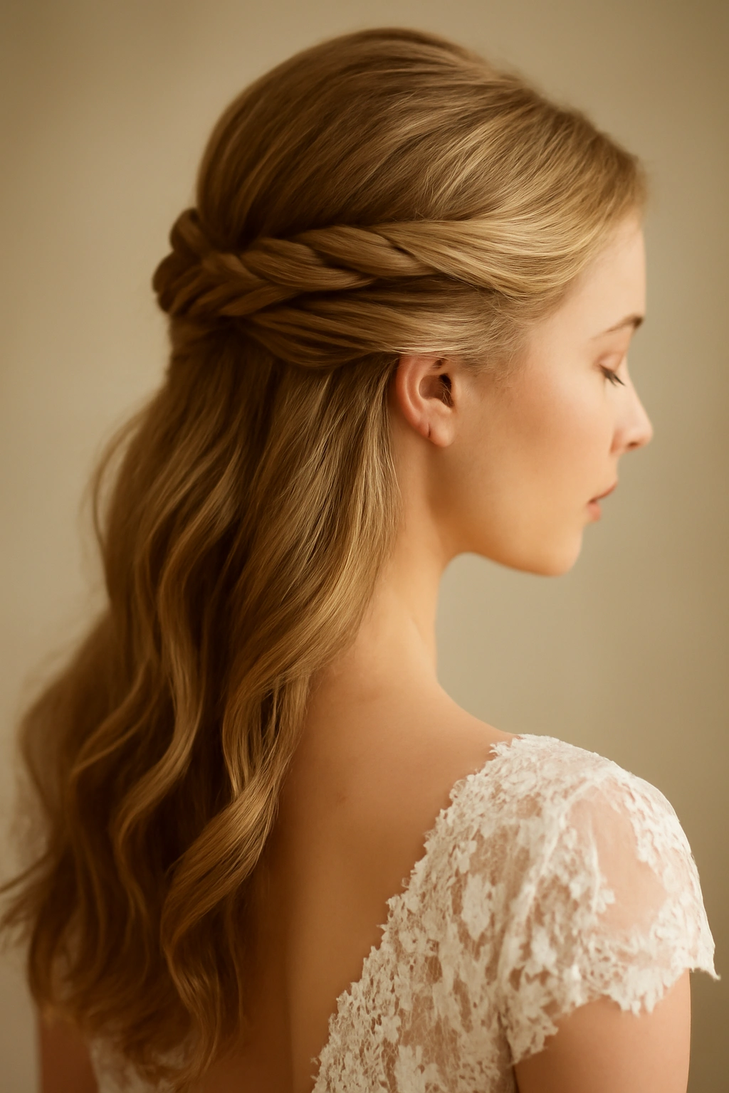 Close-up of a bride's twisted half-up braid with two rope twists forming an elegant half-up style.