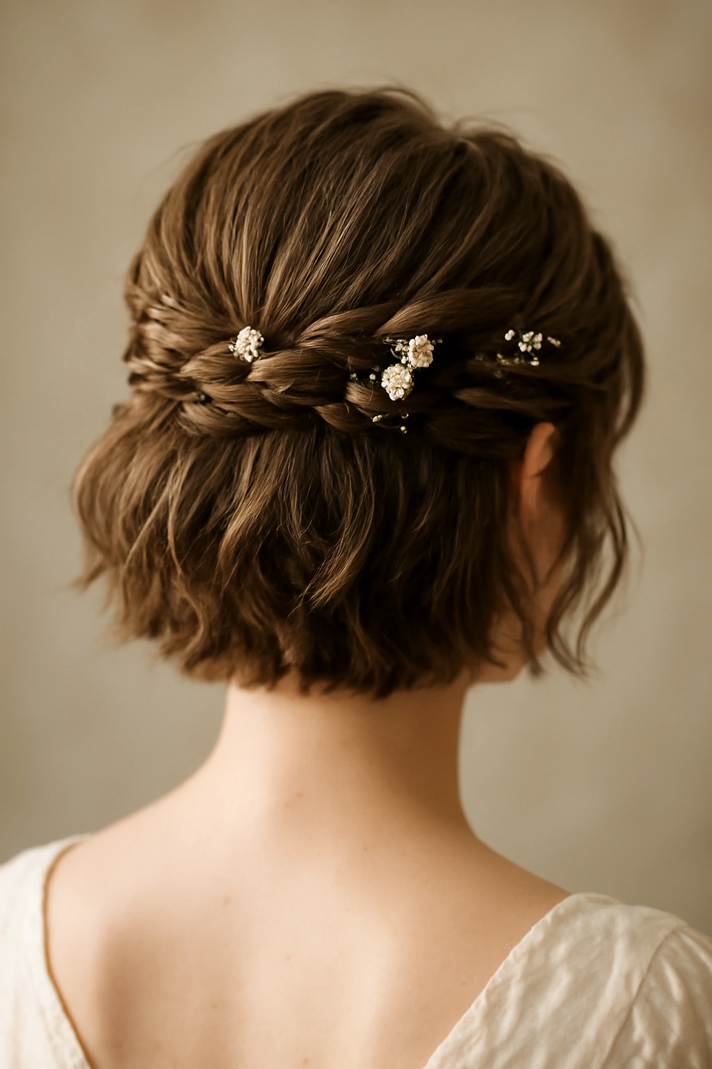 Half-up twisted bridal hairstyle with flowers