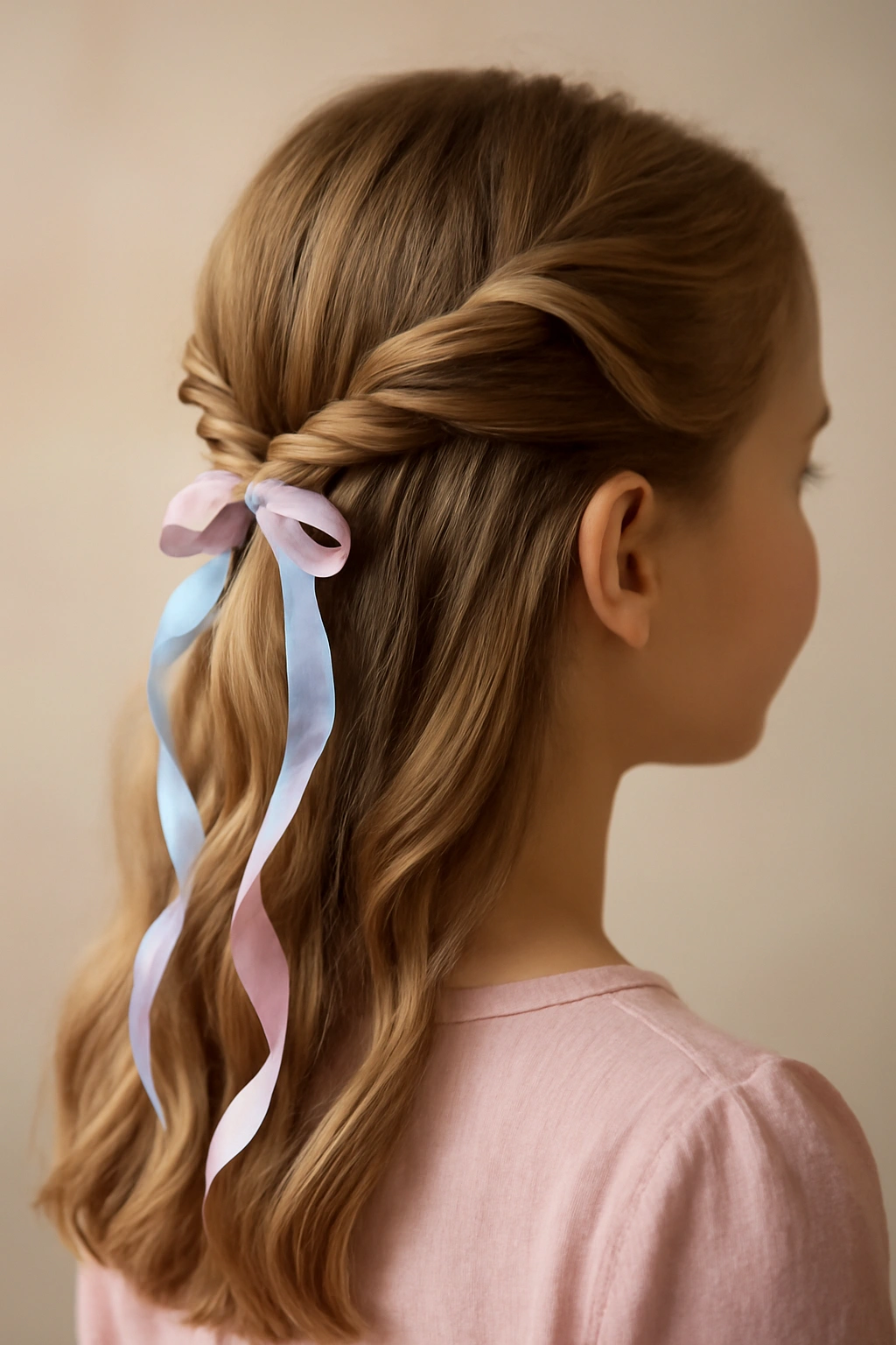 Twisted half-up hairstyle with pastel ribbons
