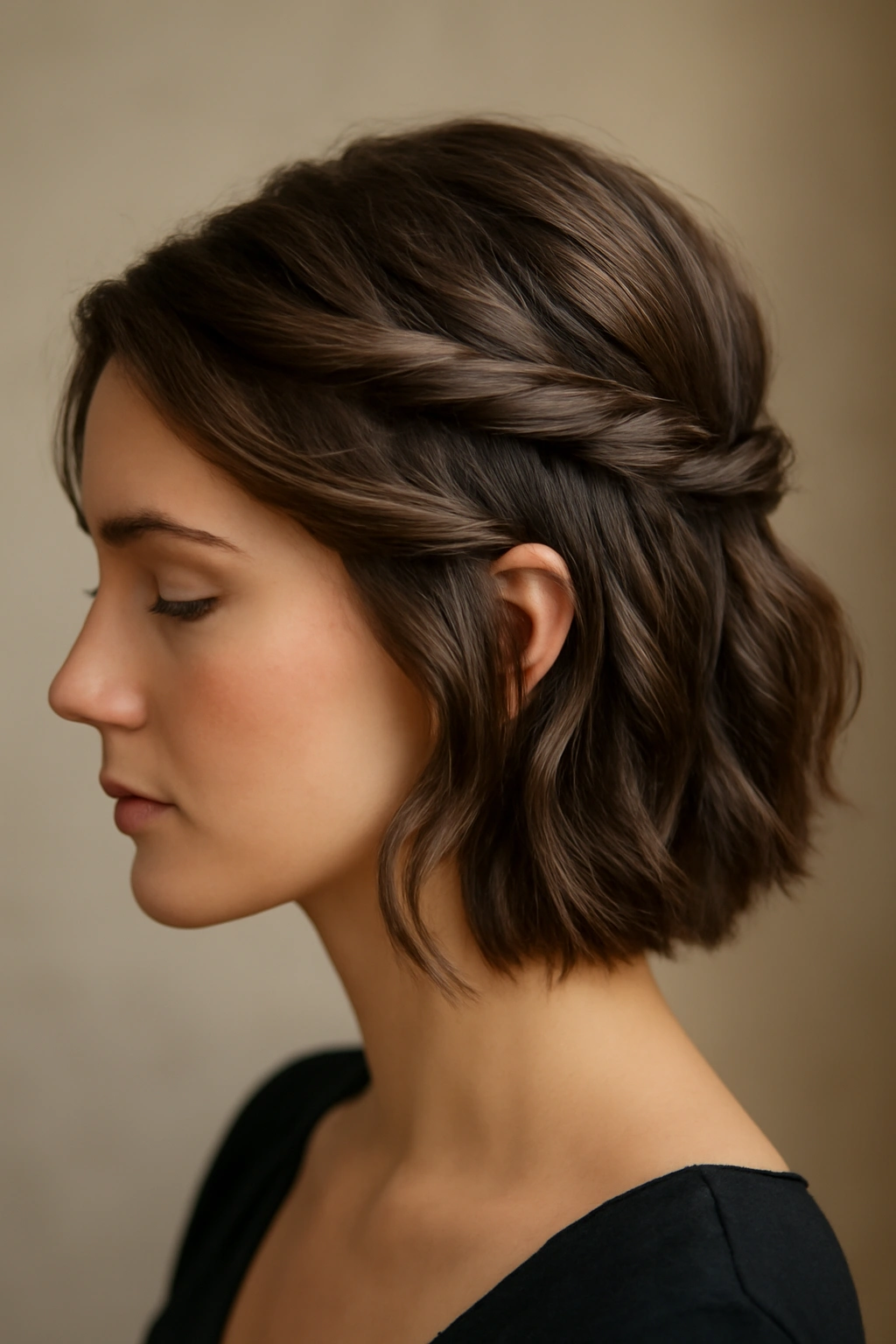 Twisted half-up hairstyle with hidden pins and soft framing