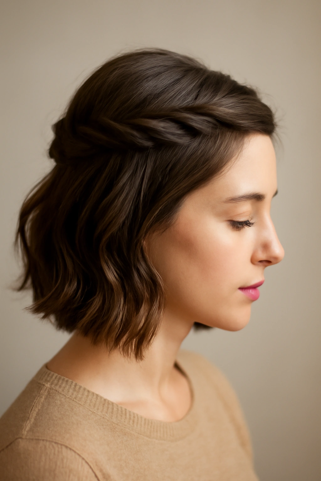 Twisted half-up hairstyle on short hair