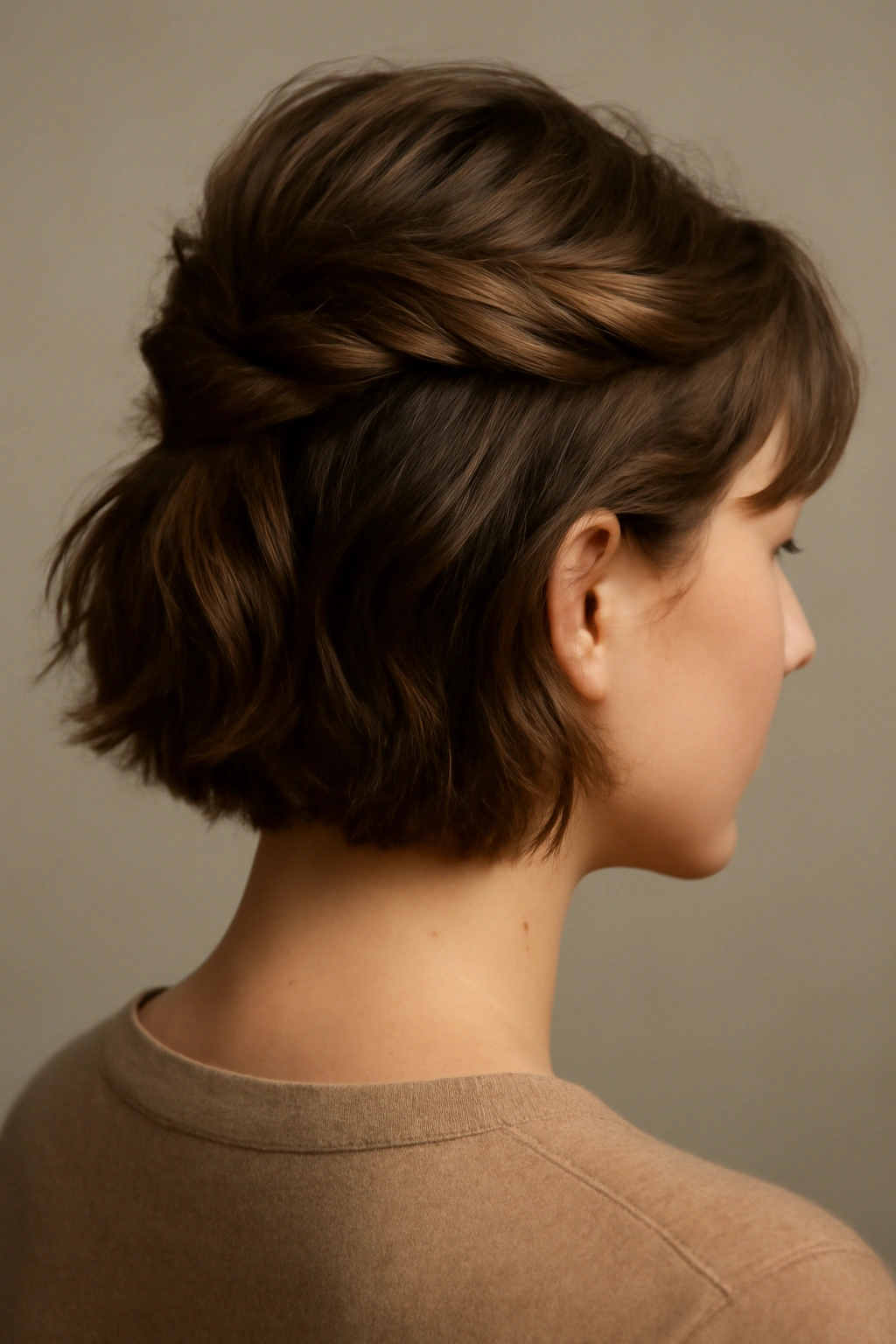 Three-quarter view of twisted half-up hairstyle with volume