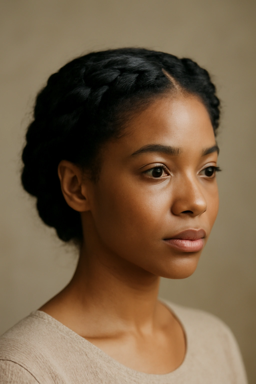 Soft halo of flat twists circling a center part with gentle curls framing the face
