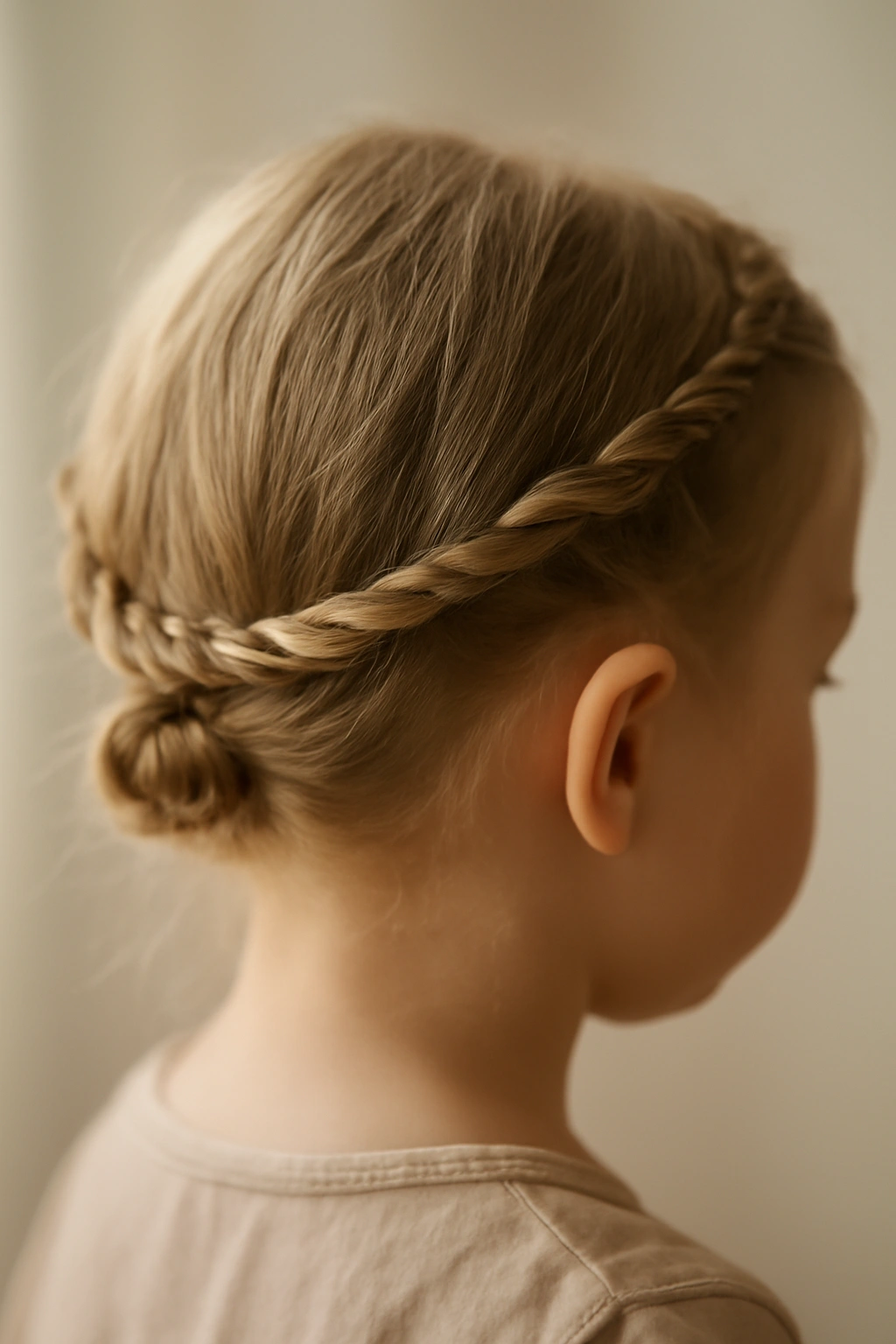 Close-up of toddler twisted halo hairstyle with ends wrapped around the crown
