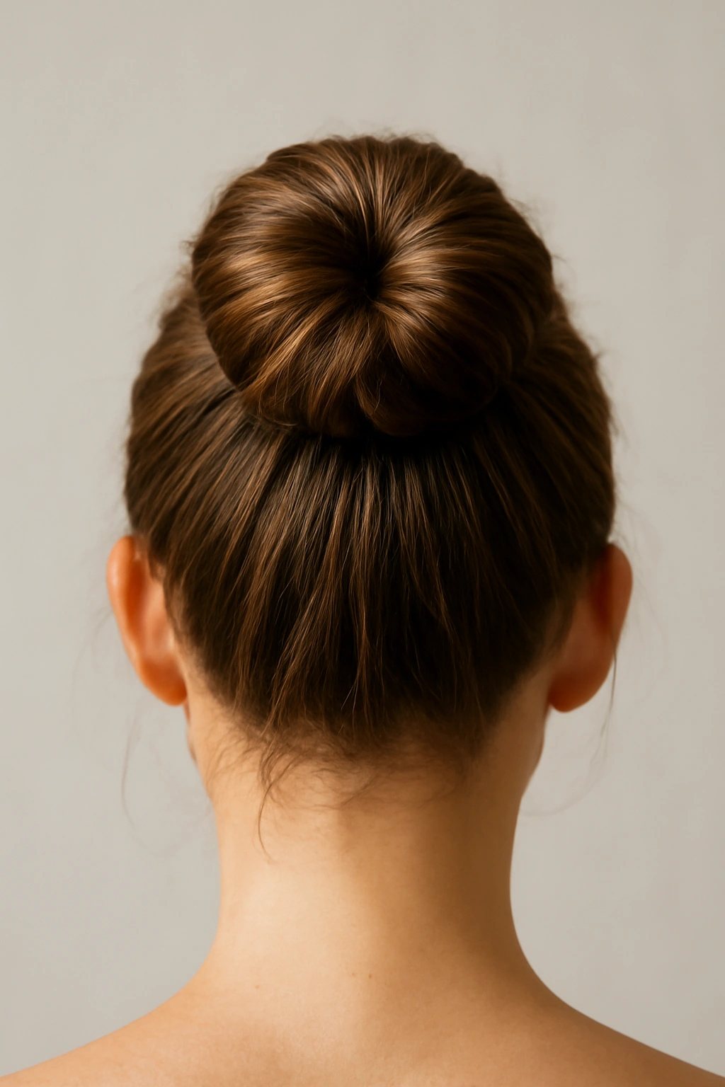 Close-up of a twisted high bun at crown with taut interlocked strands