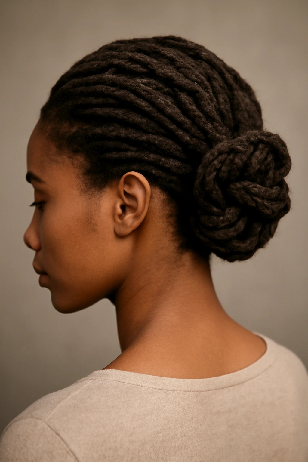 Twisted loc updo with loose spirals at back of head