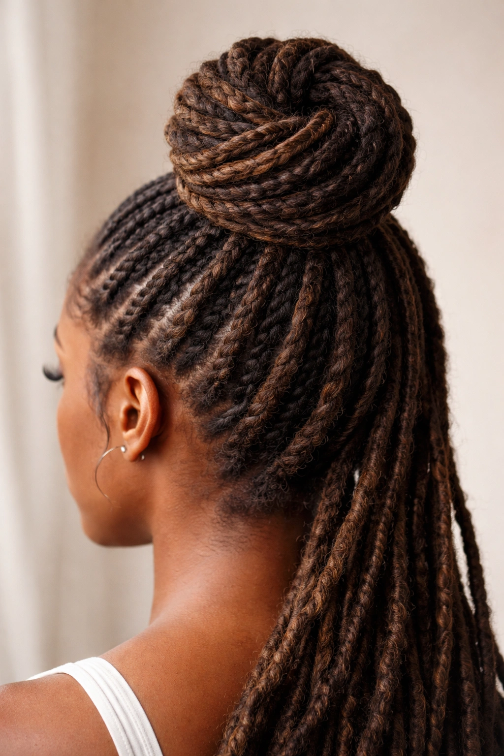 Close-up of twisted dread top knot with spiraling locs around the crown