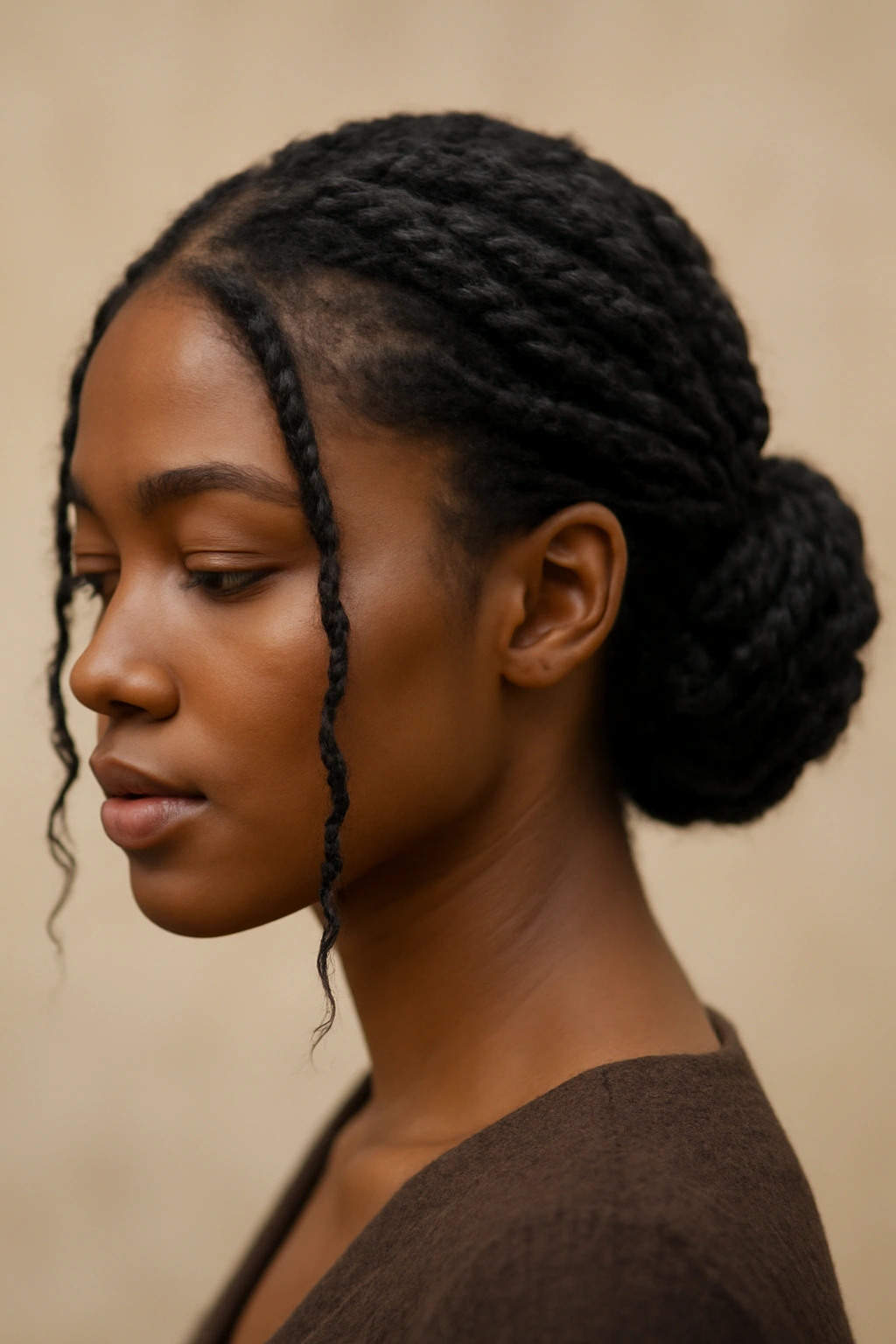 Twisted low bun with loose front twists framing the face