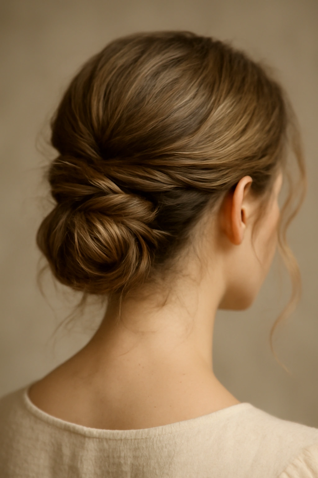 Close-up of twisted low knot hairstyle at the nape