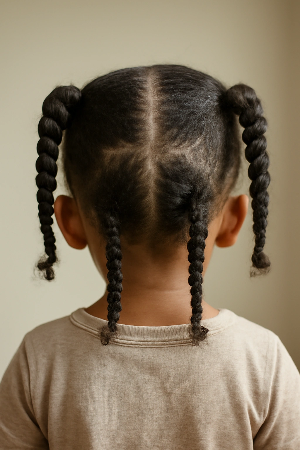 Close-up of a toddler with two twisted pigtails and gentle scalp tension