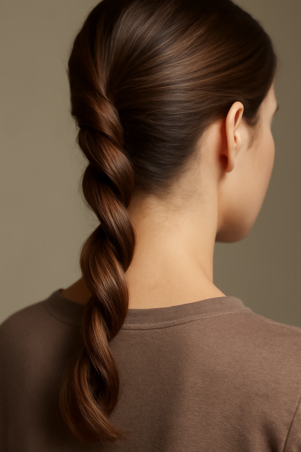 Two twisted hair strands forming a rope-like ponytail in a studio portrait