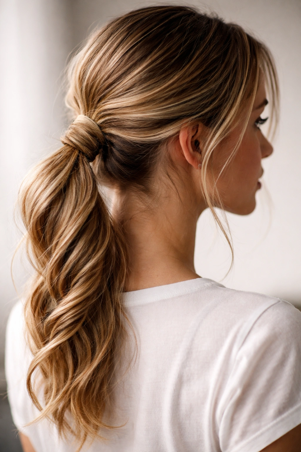 Twisted ponytail with rope-like texture and loose strands for natural look.
