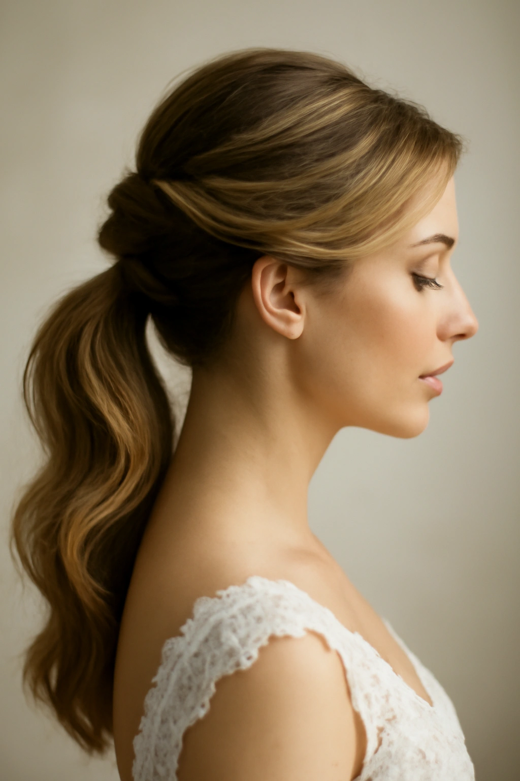 Close-up of swept-back twisted ponytail updo with side sweep
