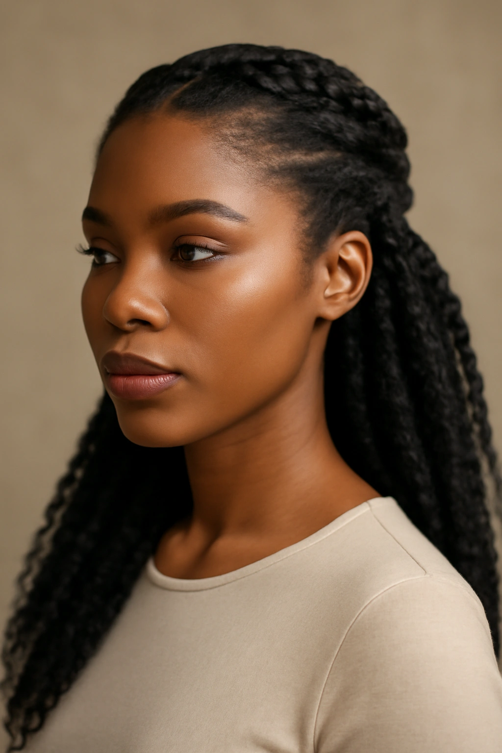 Close-up portrait of a Black woman with two-strand twists pulling back to frame the face.