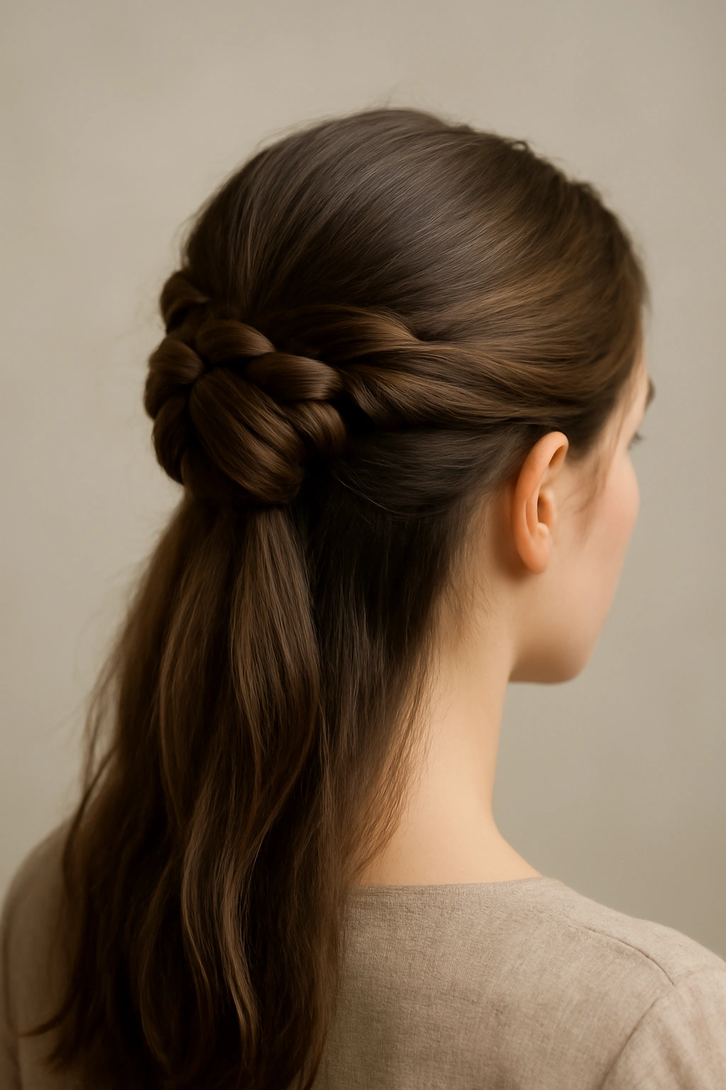 Close-up of Twisted Ribbons Half Bun with woven ribbon at crown