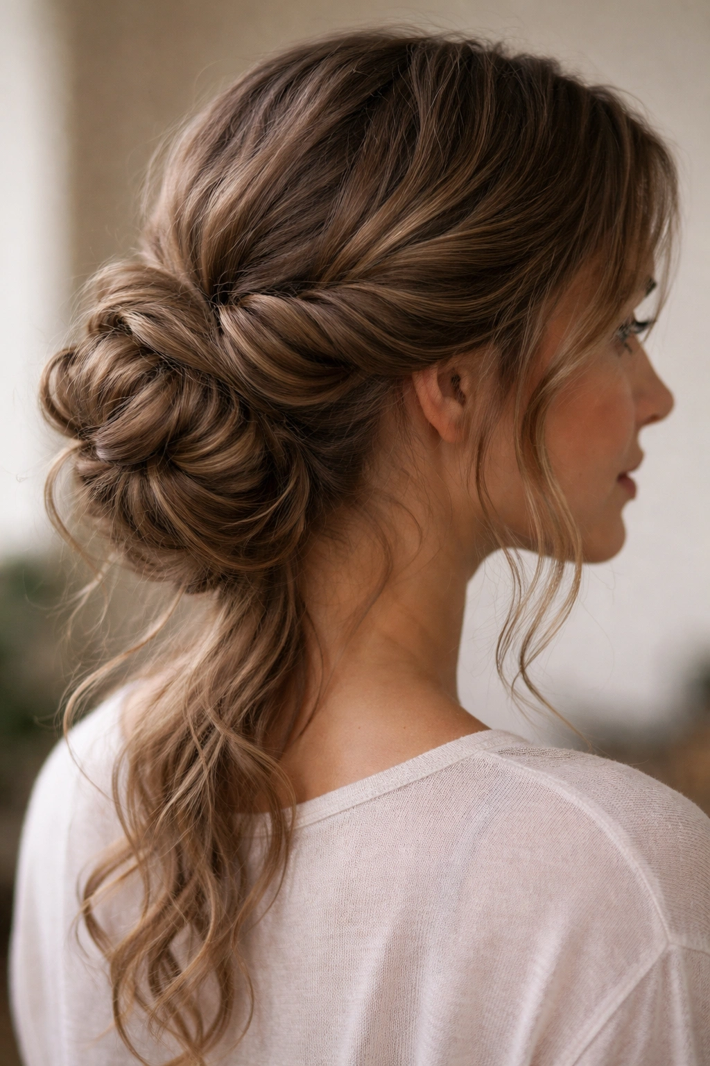 Twisted side bun with weave patterns against waves