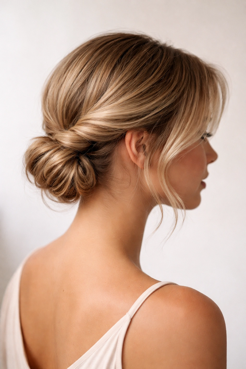 Low side twisted knot on short hairstyle with subtle volume