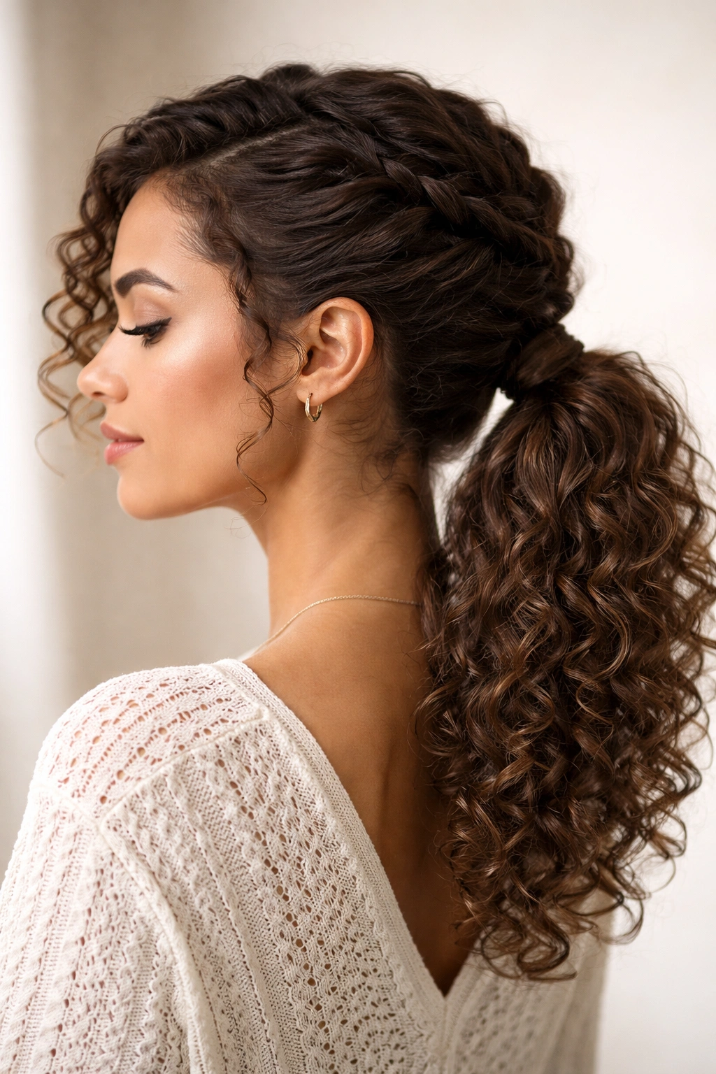 Close-up side view of a curly hairstyle featuring a twisted side ponytail