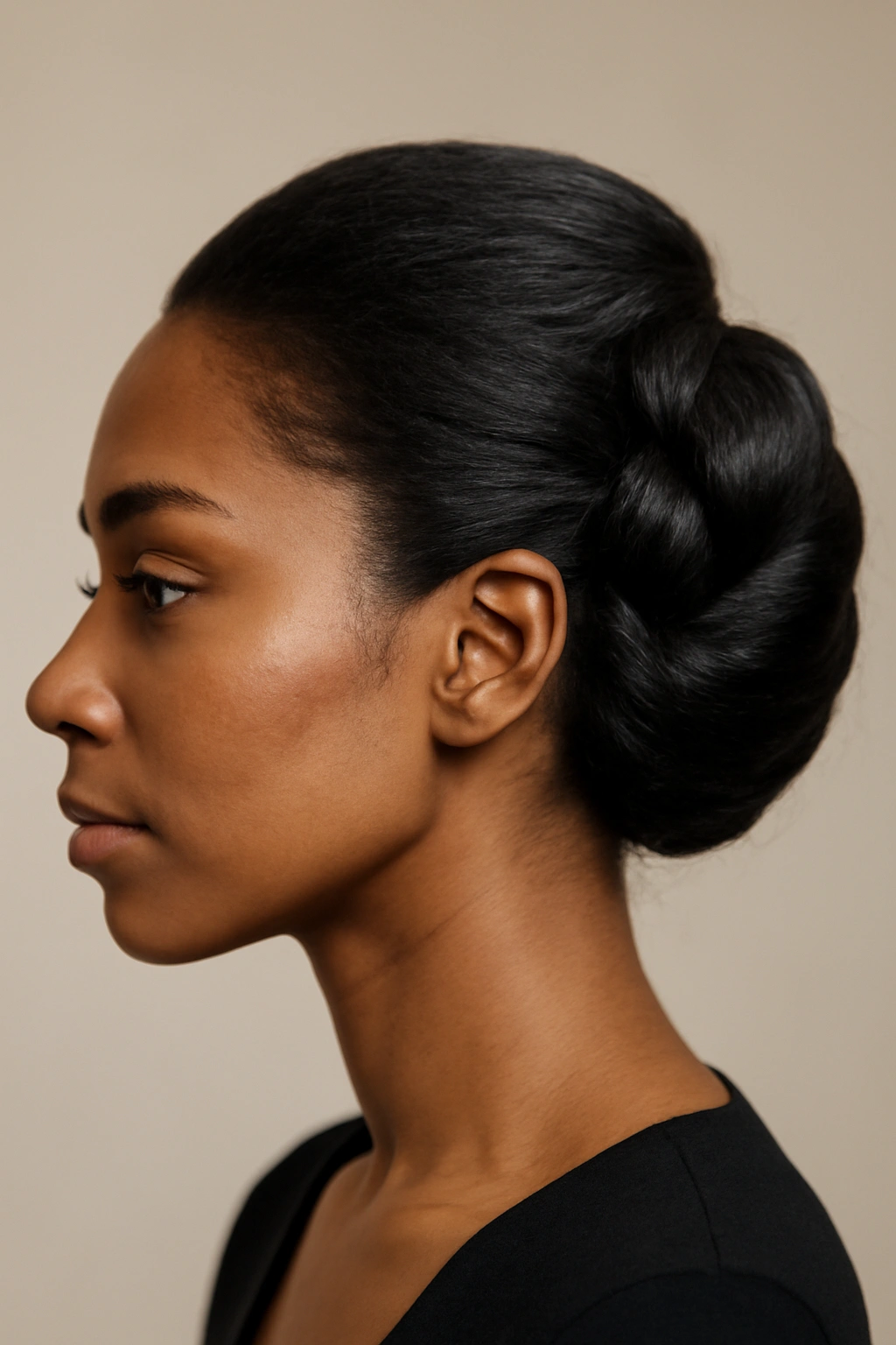 Side profile of a twisted side French roll with a prominent twist near the ear