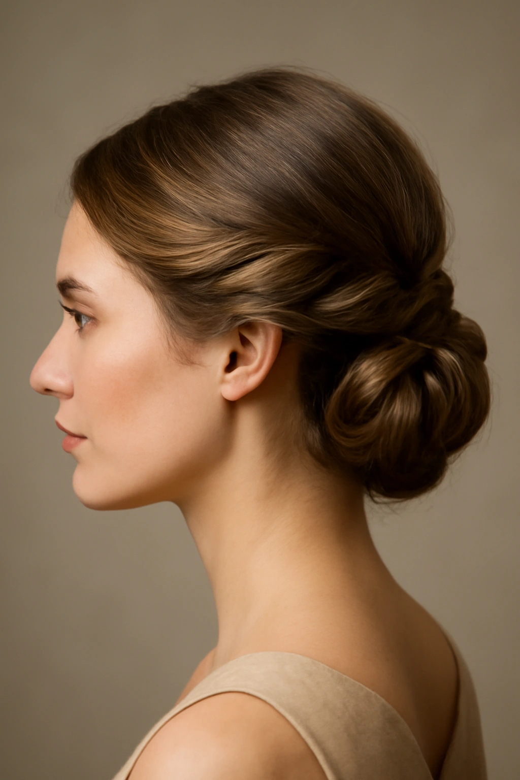 Twisted side updo hairstyle pinned along the side of the head.