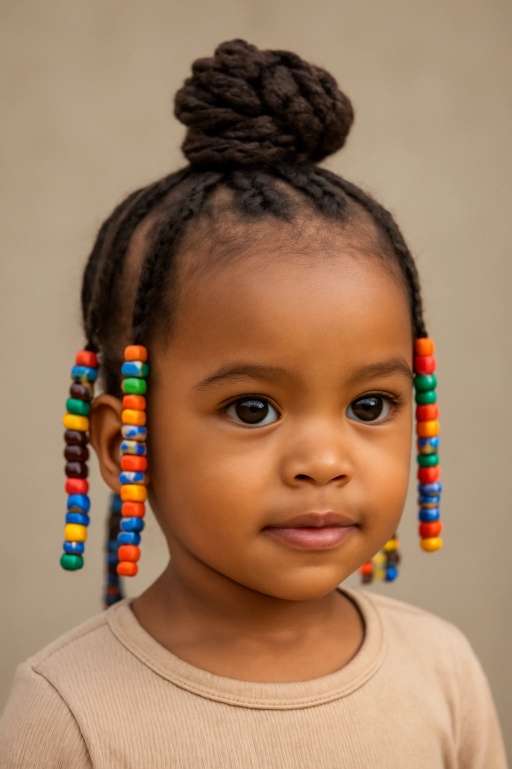 Toddler with a twisted topknot adorned with beads at the crown.