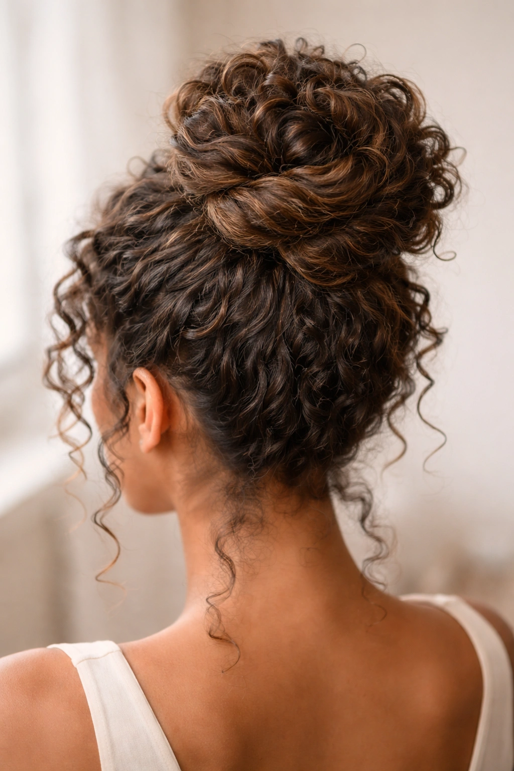 Top-down view of a twisted topknot bun with curly texture