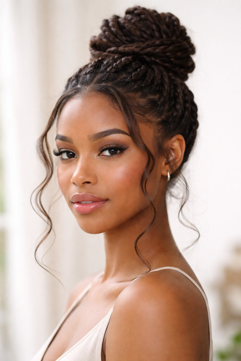Twisted topknot with soft tendrils framing the face