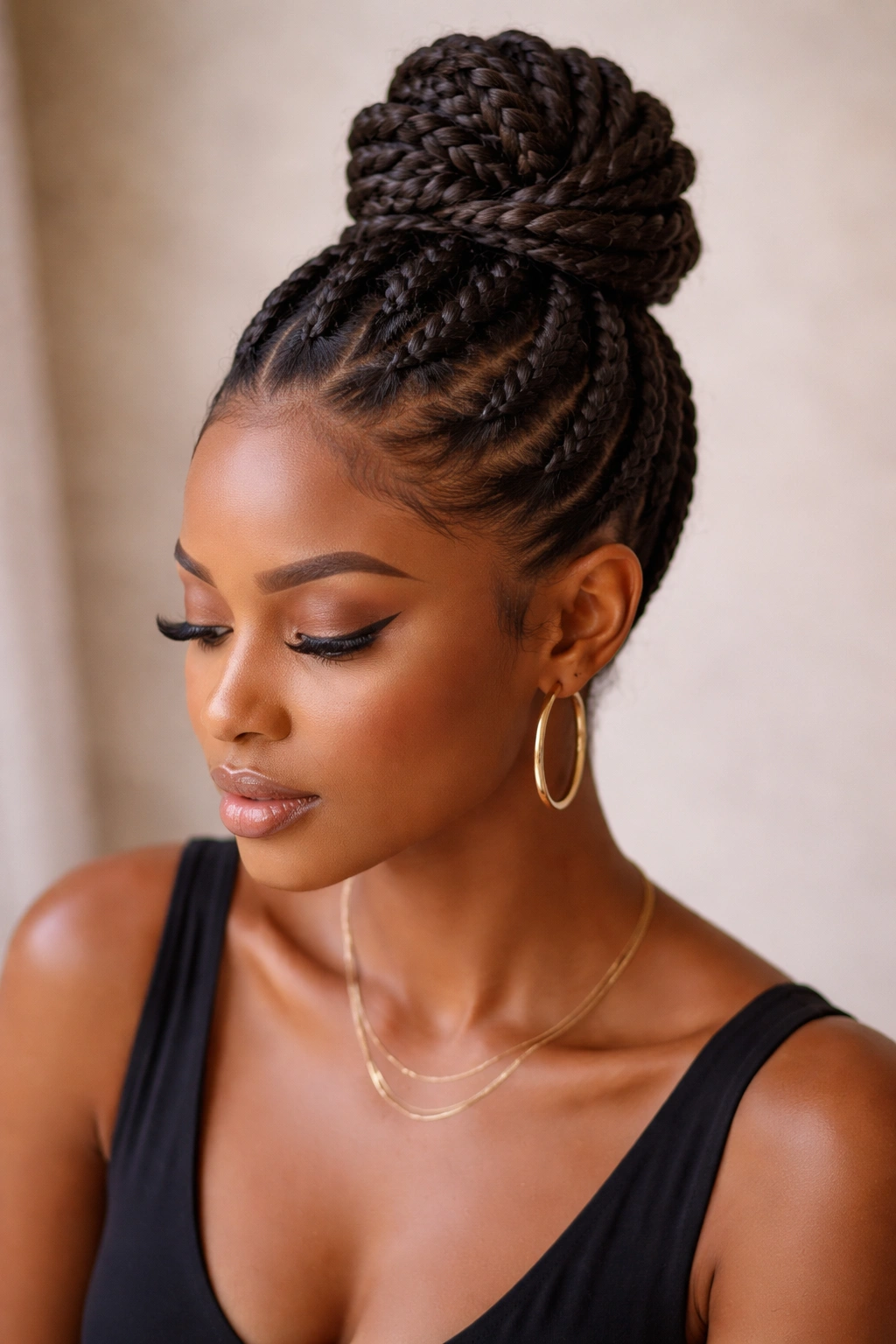 Topknot with multiple twists pushed back from the face