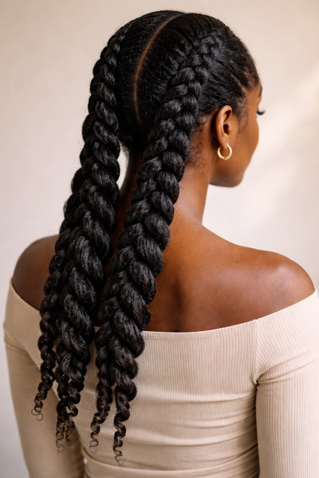 Back view of a woman with two-strand twists cascading down the back, natural texture