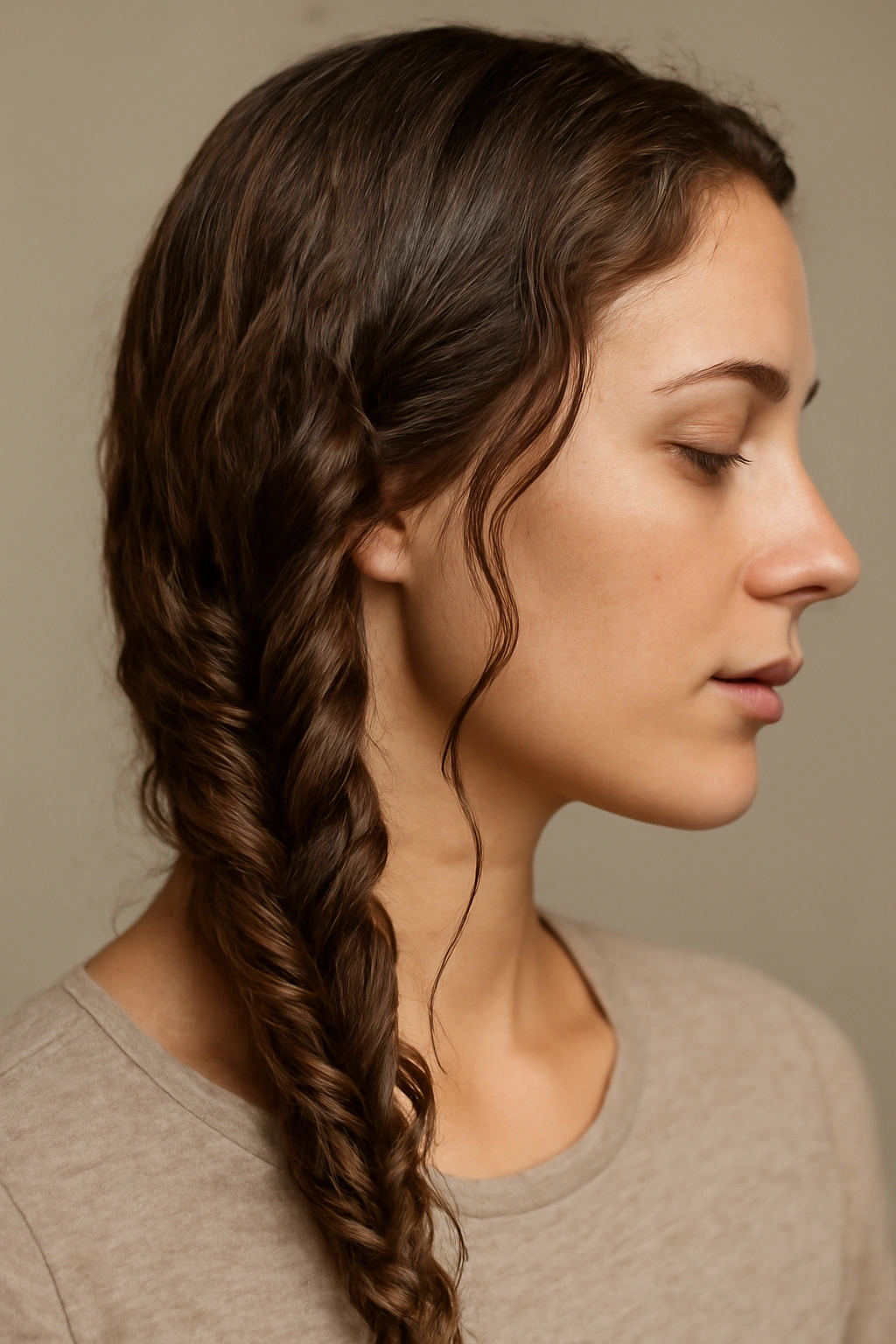Side-profile close-up of hair with loose twists producing soft waves on one side