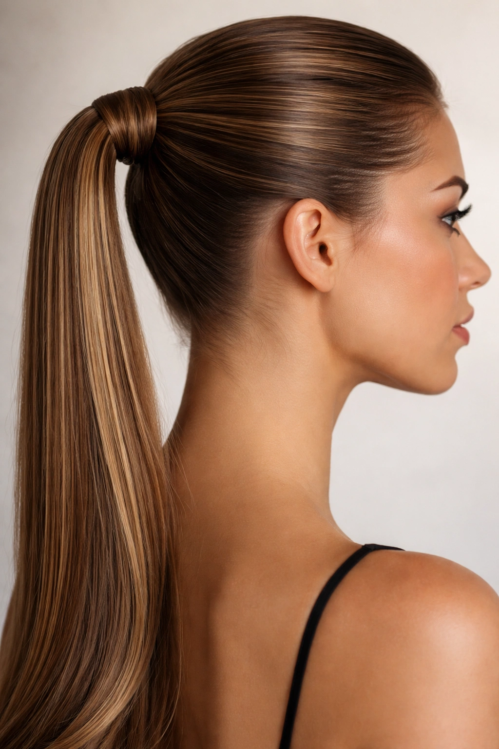Slicked ponytail with a twisted wrap around the base.
