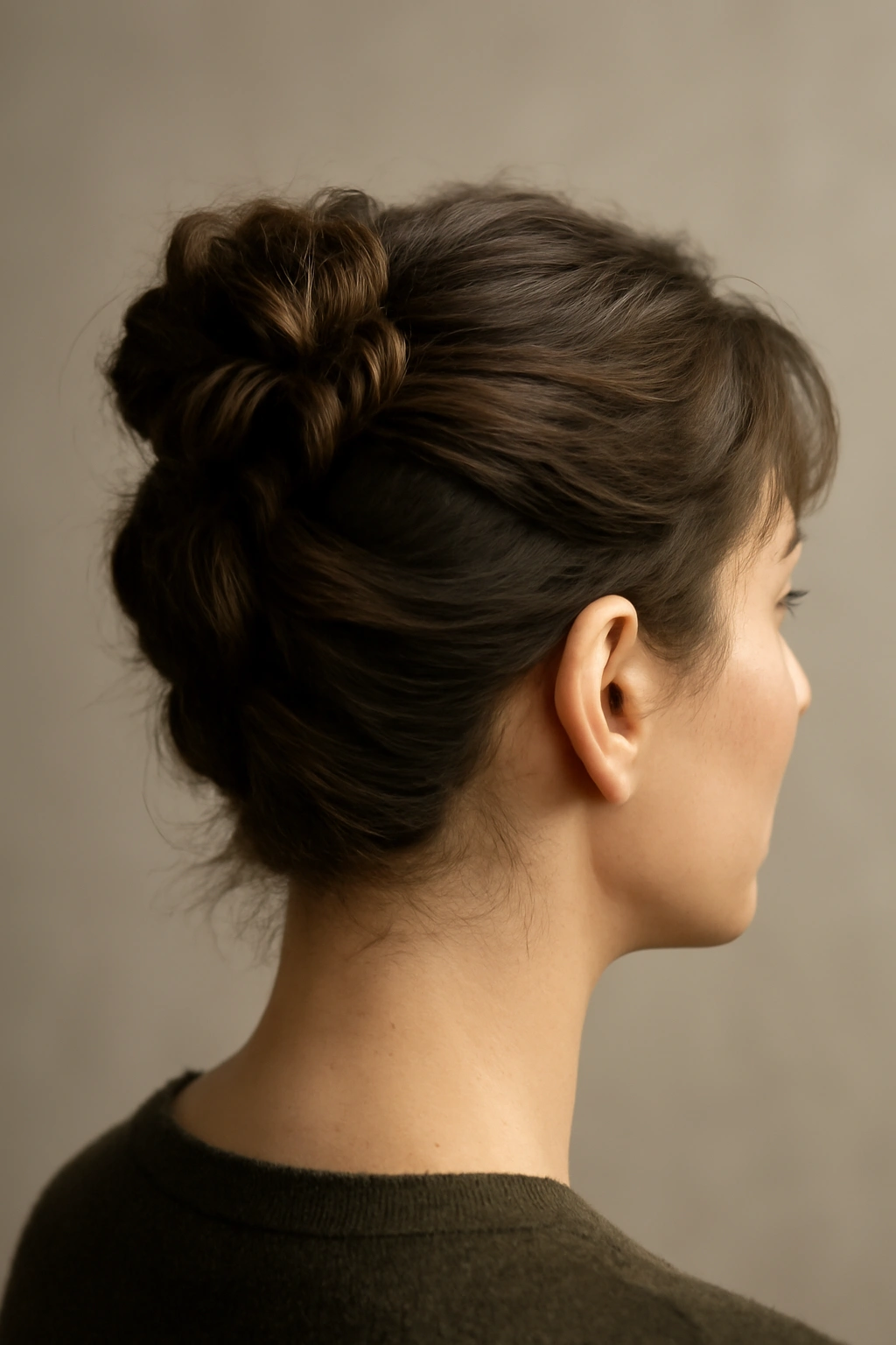Three twists secured into a bun at the back crown on short hair