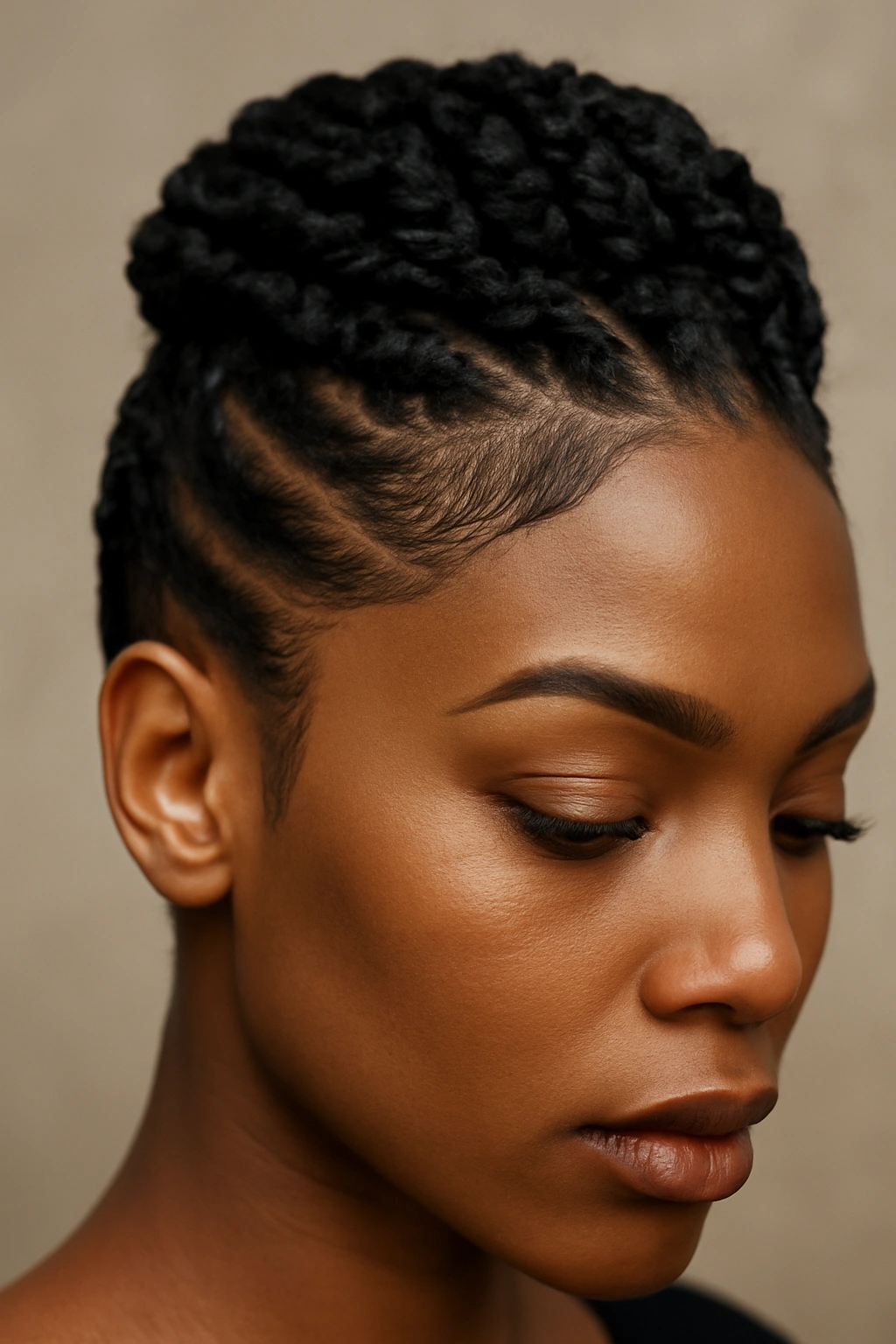 Close-up of a Black woman's crown with two-strand twists and razor-sharp edges.