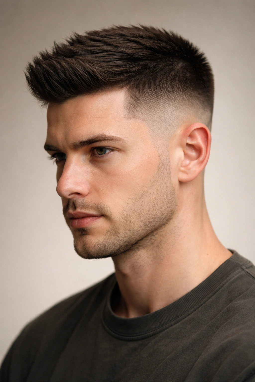 Korean-inspired two-block crew cut with a defined top-to-sides line.