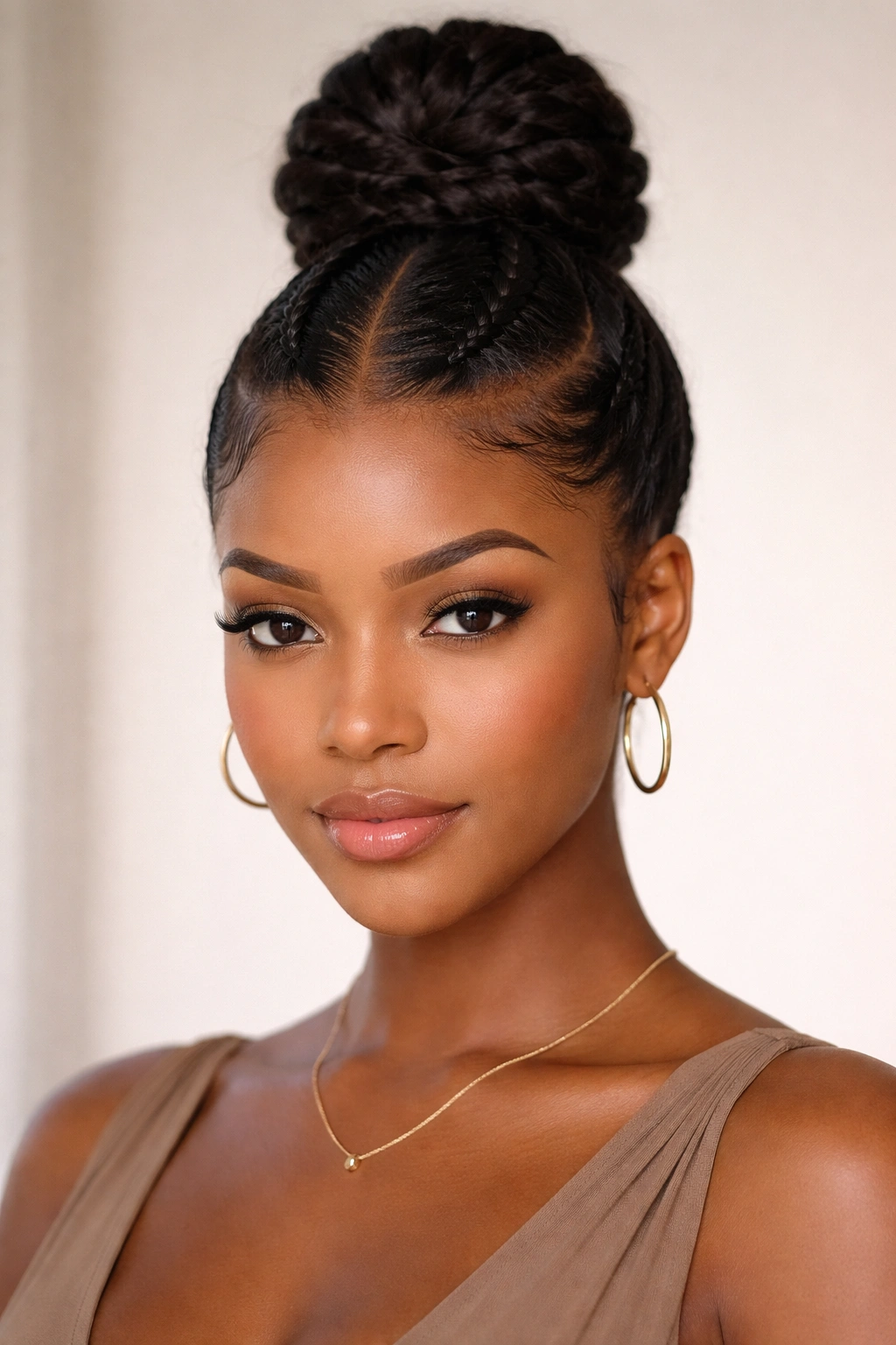 Close-up portrait of a person with a two-braid high bun; sleek protective updo