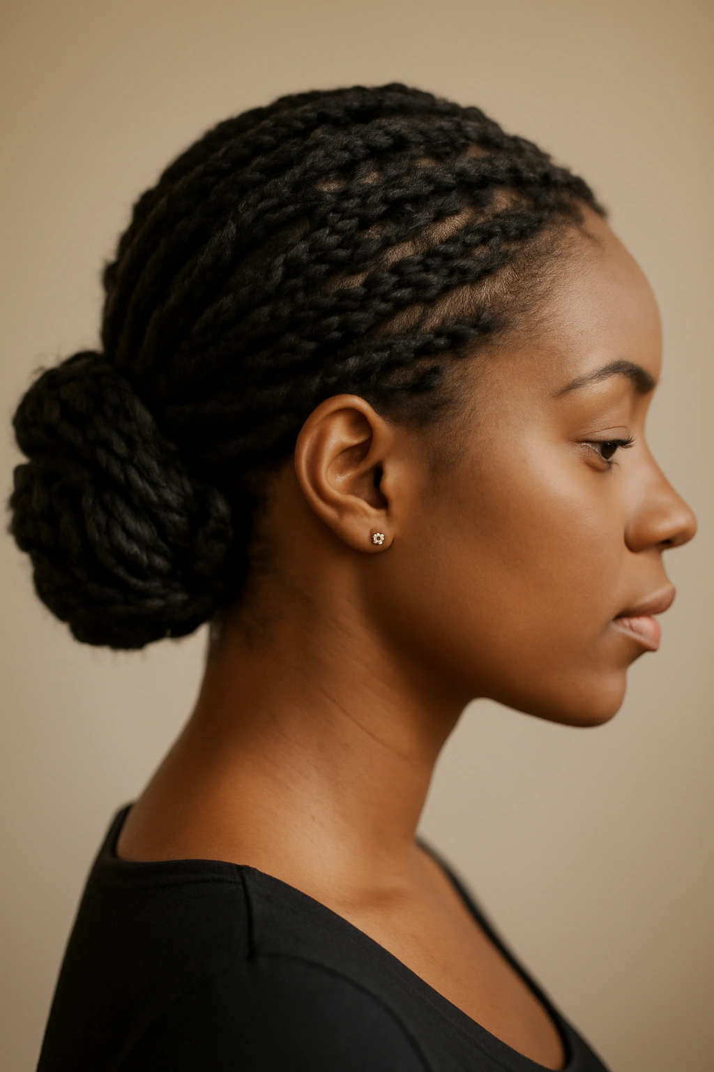 Low bun formed from two-strand twists with visible spiral texture