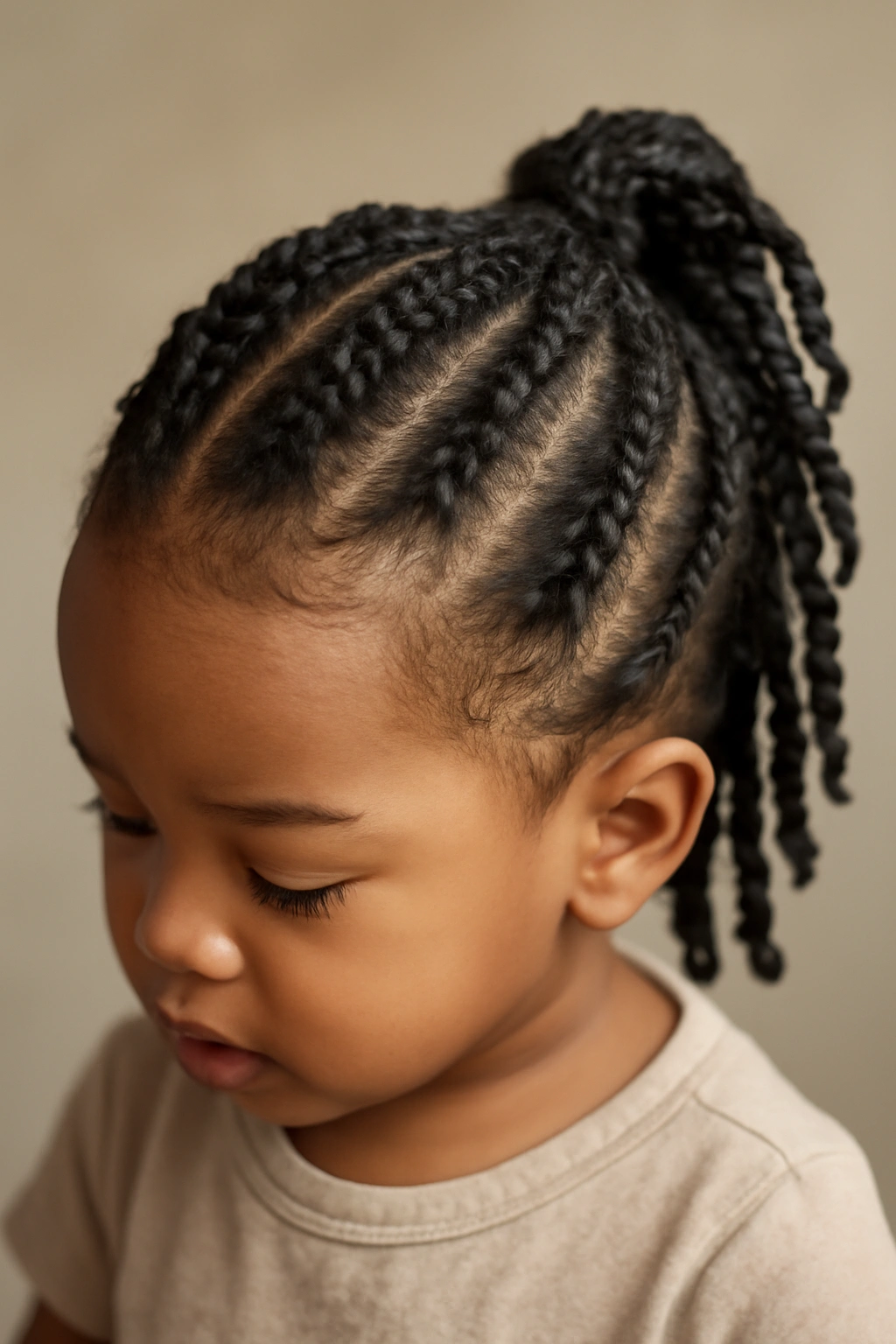 Close-up of toddler with two-strand twists in a neat pattern