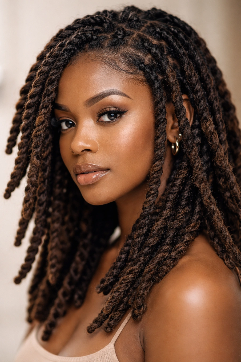 Close-up of two-strand twists on dreadlocks showing spiral texture