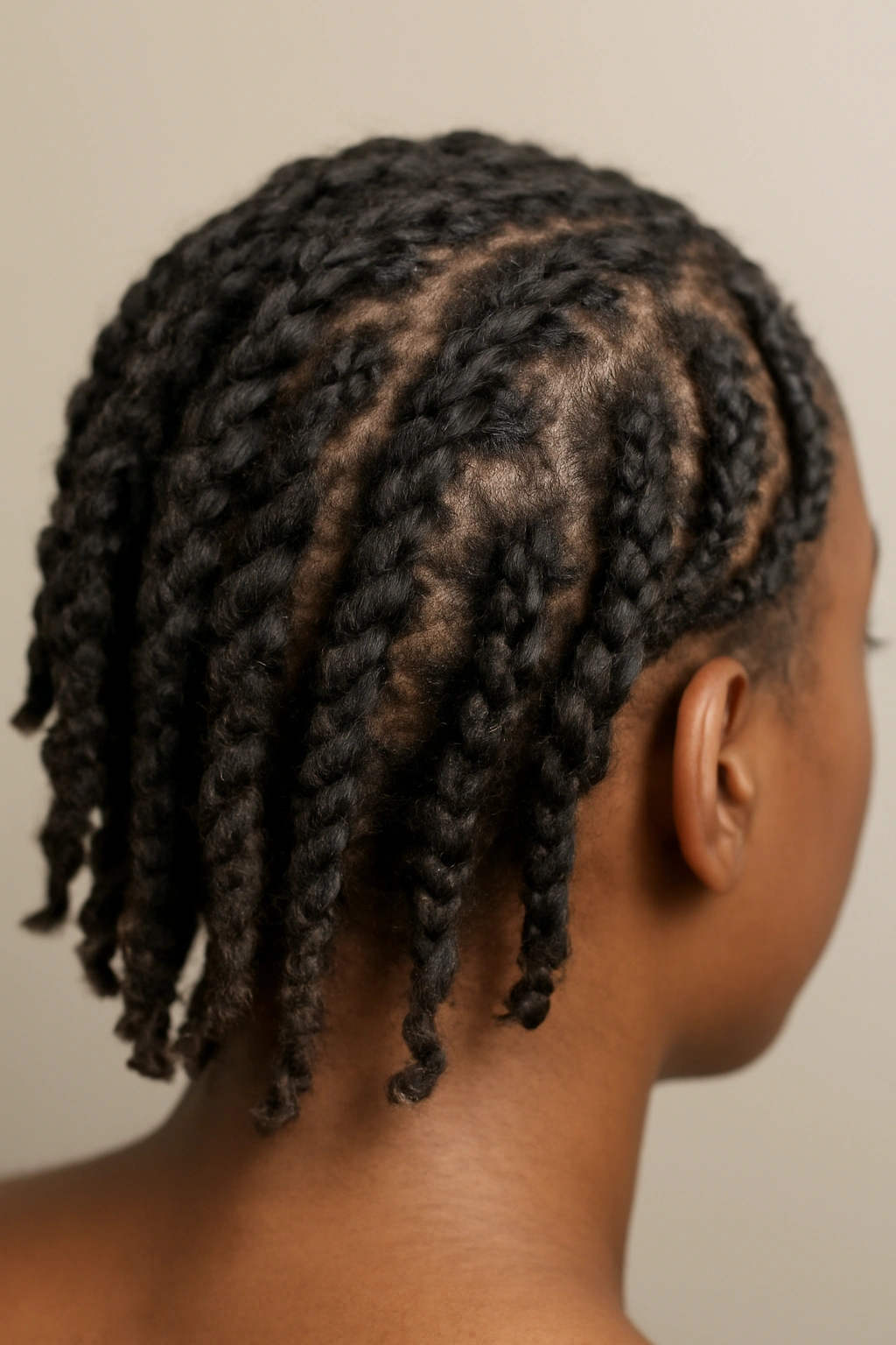 Close-up of 3-6 inch two-strand twist locs showing spiral pattern