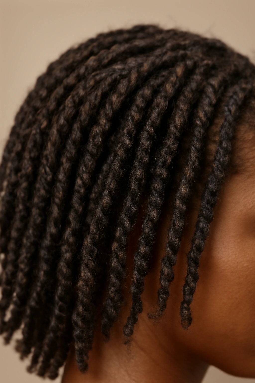 Close-up of two-strand twist micros with soft texture.