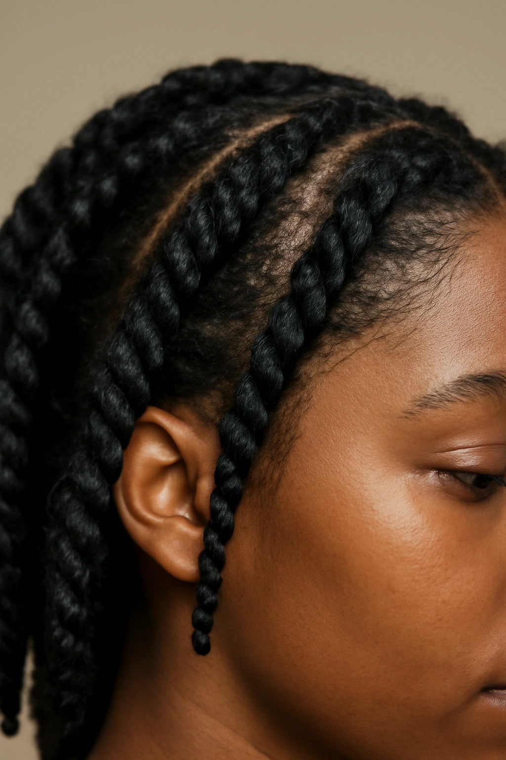 Close-up of two-strand twists on natural hair showing defined pattern; protective hairstyle.